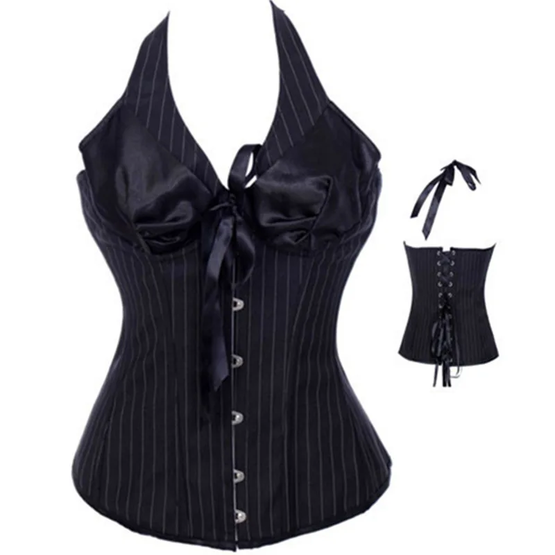 Sexy Halter Overbust Corsets With Cup Women Striped Office Party V-neck Push Up Corsets and Bustiers Lingerie Tops Korsett Black