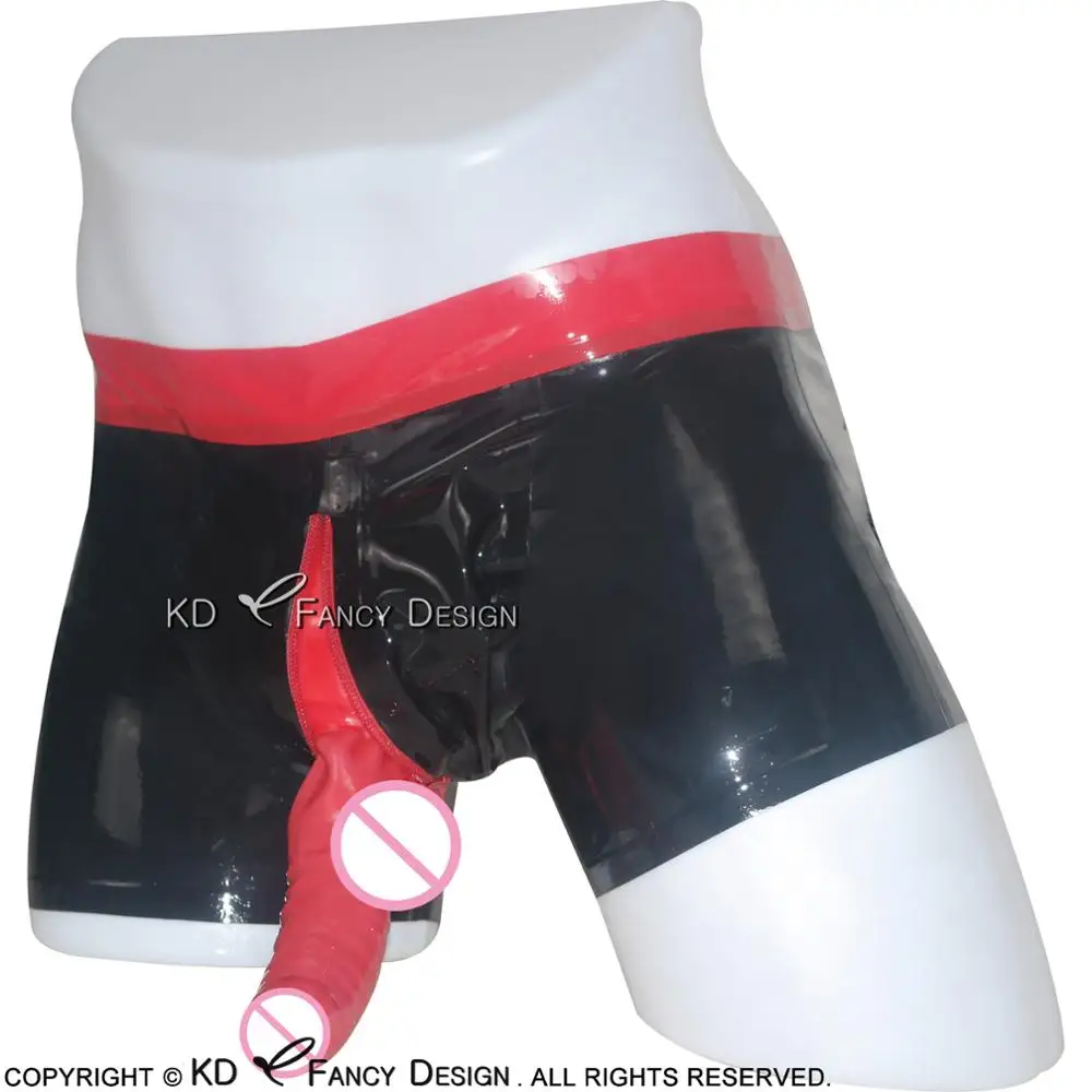 Zwart En Rood Sexy Latex Boxershorts Met Penis Schede Rits Aan De Voorzijde Rubber Ondergoed Boyshorts Bodems DK-0030