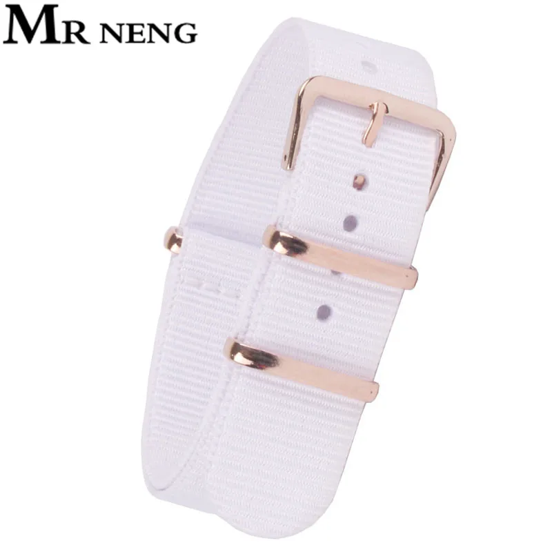 MR NENG Brand Watchband 18mm 20mm 22mm High Quality Nylon Wach Band Rose Gold Buckle White Color Watch Strap Available