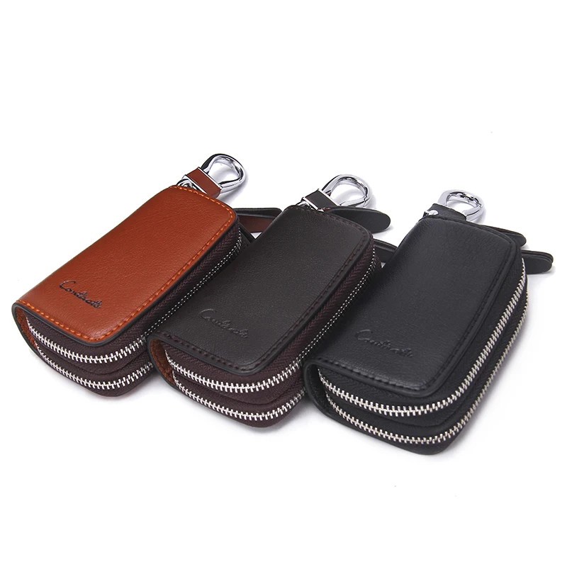 CONTACT\'S Genuine Leather Car Key Wallets Fashion Key Holder Housekeeper Keys Organizer Double Zipper Keychain Case Key Pouch