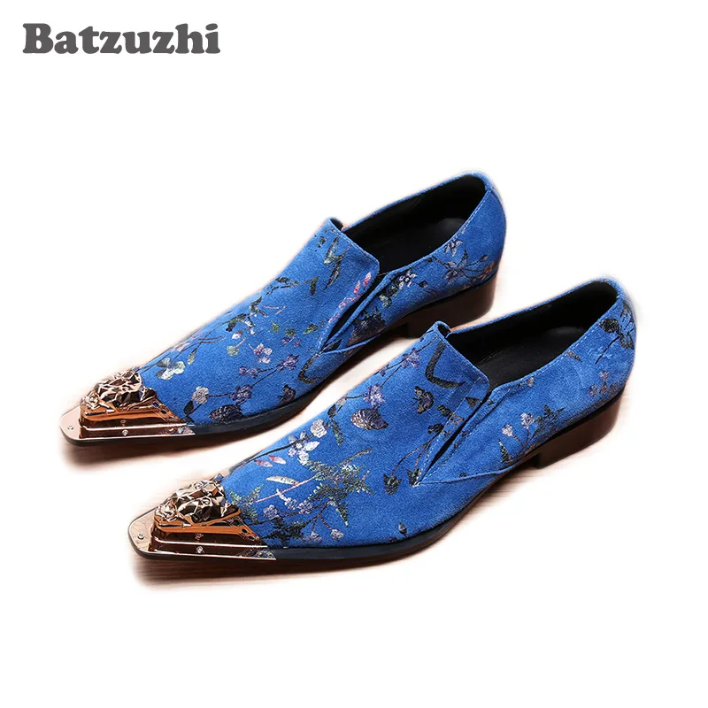 

Batzuzhi Italian Type Leather Men's Dress Shoes Pointed Metal Toe Blue Leather Business Shoes Slip on Party and Wedding Zapatos