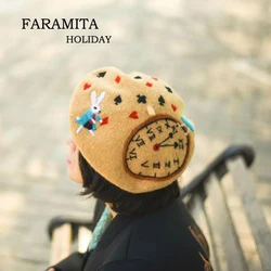 Faramita Holiday Alice in Wonderland Watch Women Girls Manual Berets Winter Fall Hand Made Beret Hats for Female Caps Wool Hat