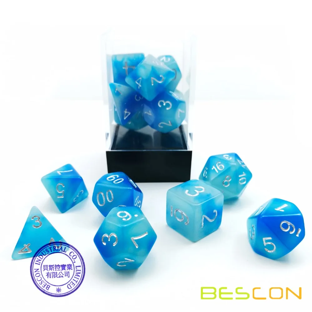 Bescon Gemini Glowing Polyhedral Dice 7pcs Set ICY ROCKS, Luminous RPG Dice Set d4 d6 d8 d10 d12 d20 d%, Brick Box Packaging