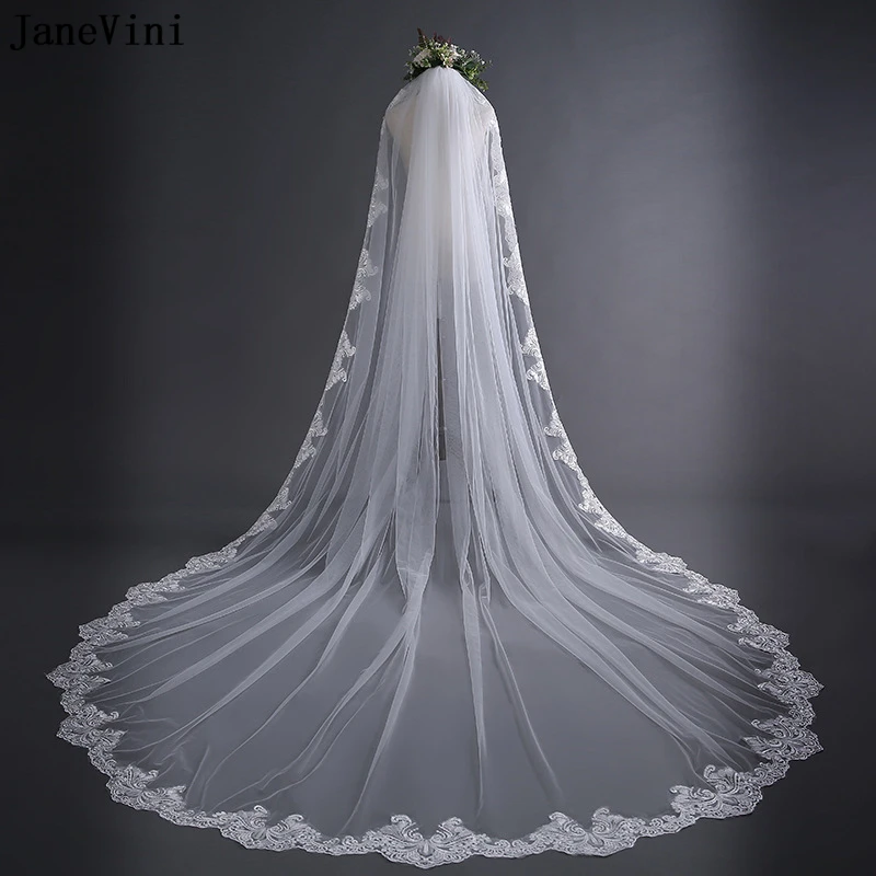 JaneVini Ivory Cathedral Wedding Veils One Layer Lace Edge Long Bride Veil with Comb Soft Tulle Bridal Veils Wedding Accessories