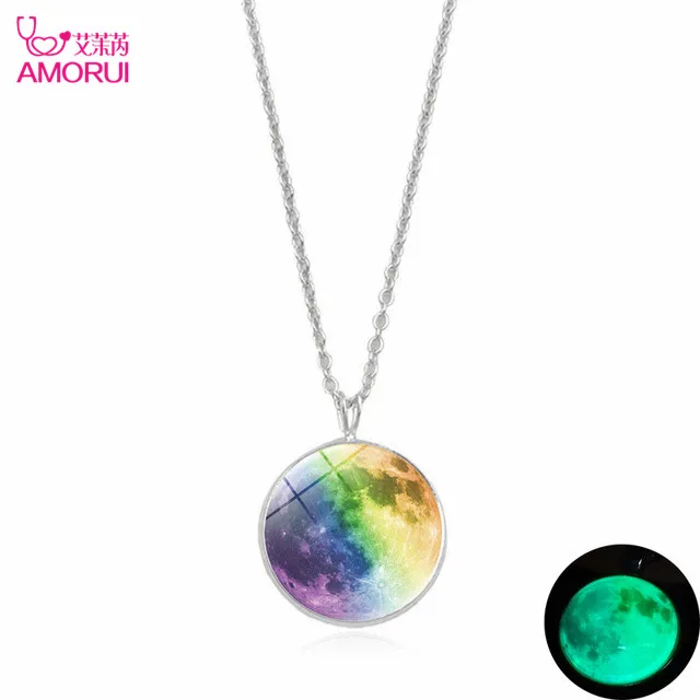 AMORUI Fashion 25mm Sky Blue Galactic Planet Glass Cabochon Luminous Pendant Necklace Silver Color Necklaces For Women Jewelry