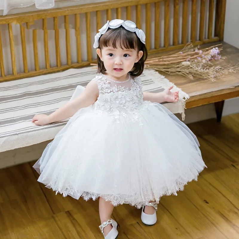 New Fashion Sequin Floral Flower Girl Dress For Wedding Princess White Tulle Baby Girls Baptism Christening 1st Birthday Gown