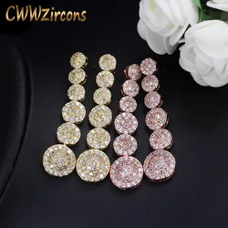 CWWZircons High Quality Rose Gold Color Micro Pave CZ Zirconia Stone Long Round Drop Earrings for Women CZ206