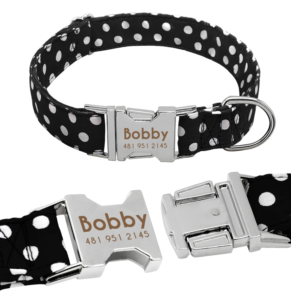 Personalizado Dot Dog Collar, Nylon Pet Coleiras, gravar ID, pequeno, médio, grande, Pitbull, vermelho, azul, preto