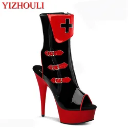 15 cm with high sexy lacquer buckle decorative ankle boots, nightclub stage pole dance performance, model dance shoes