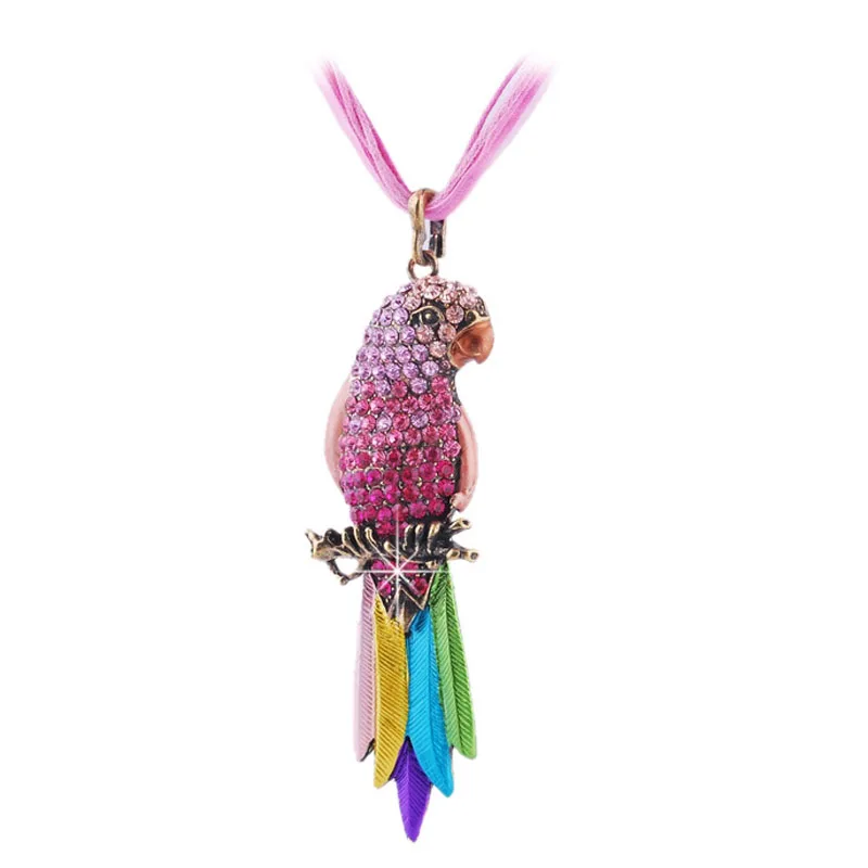 Elegant Women Crystal Parrot Pendant Alloy Necklace Long Chain Jewelry