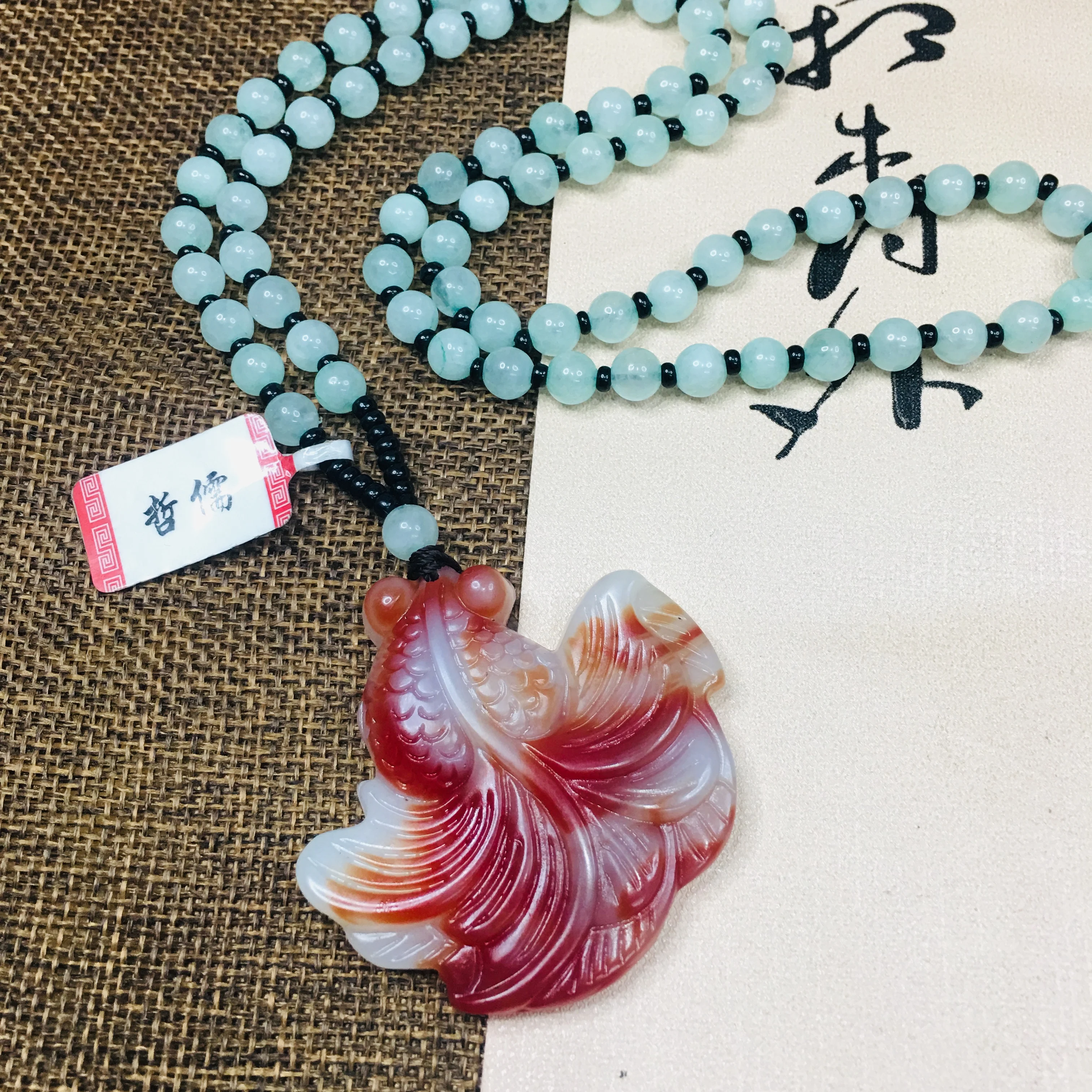 Zheru Jewelry Pure Natural Colorful Jade Carved Red Goldfish Pendant Three Color Jadeite Bead Necklace Send Class A Certificate