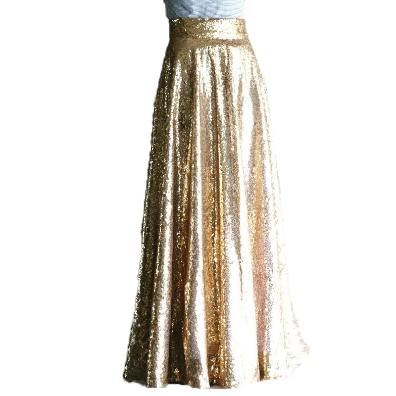 Shining Gold Long Sequins Skirts A Line Invisible Zipper Waist Floor Length Skirts 2017 Women Sequined Maxi Skirts Custom Made