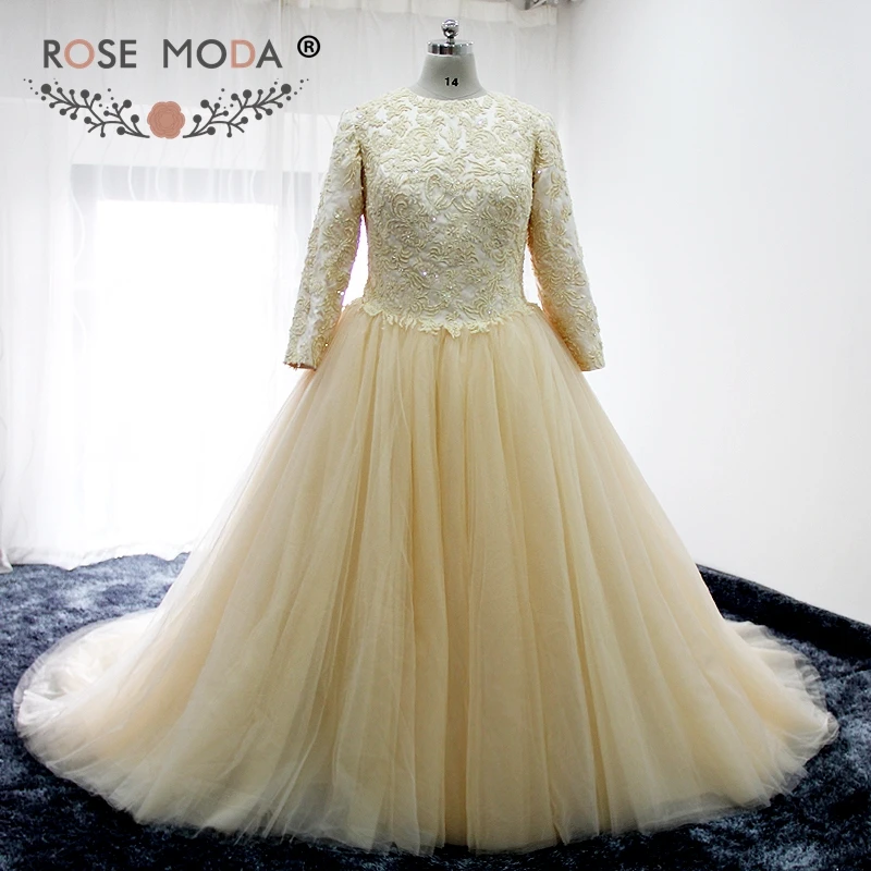 

Rose Moda Vintage High Neck Long Sleeves Champagne Wedding Dresses Custom Make Real Photos