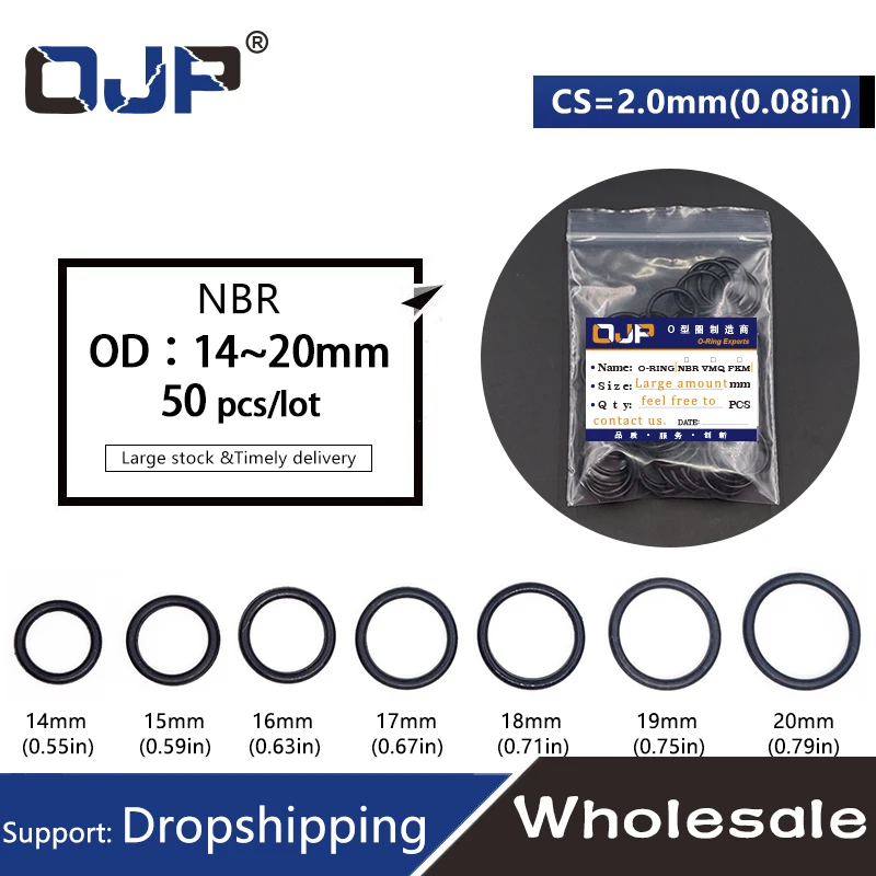 50PC/lot Rubber Ring NBR Sealing O Ring OD14/15/16/17/18/19/20*2mm O-Ring Seal Gaskets Nitrile Oil resistance Ring Washer