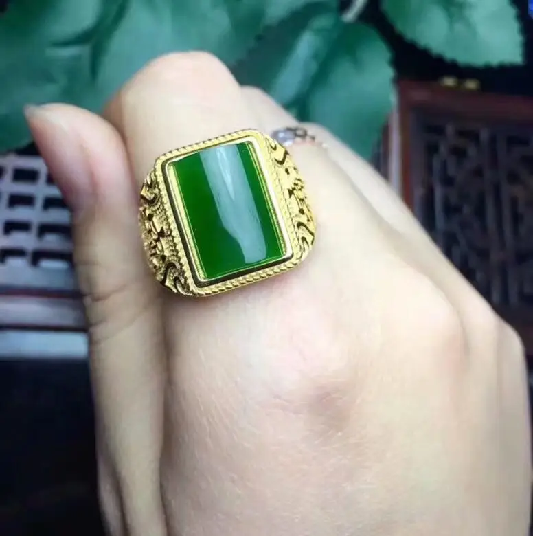 Natural Hetian Jade Man Ring 925 sterling silver Wholesales Fine jewelry 10*14mm gem 10*14mm