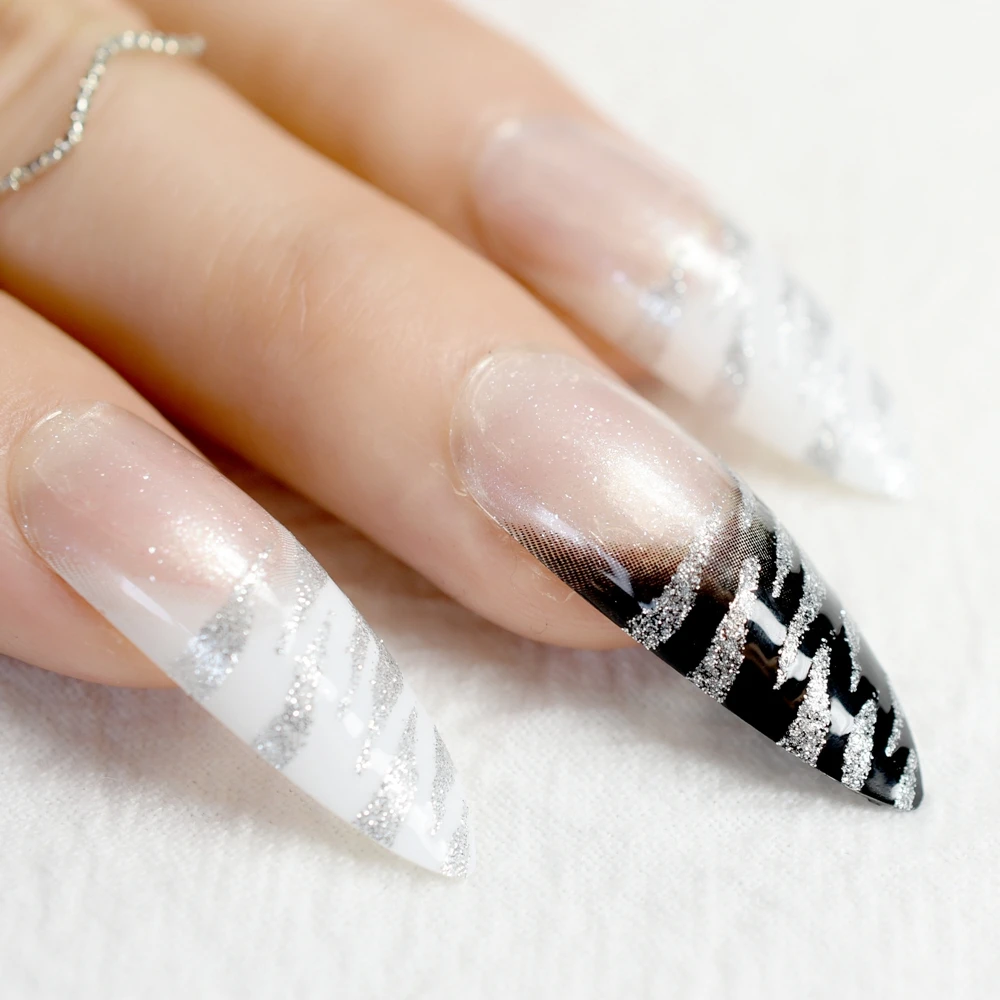 Extra Long Pointed Pre-designed Nails Black White Zebra Bent Press On Nails Long French Nails including glue sticker