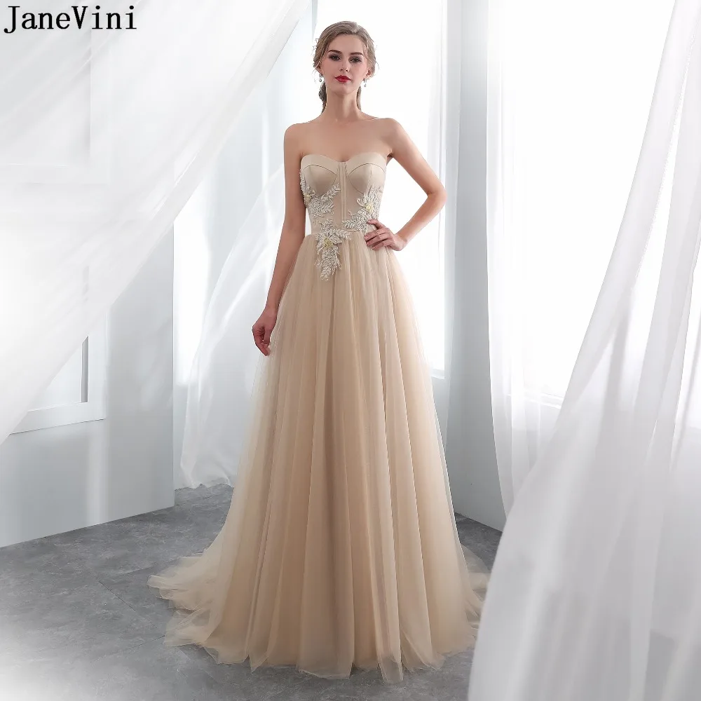 

JaneVini Elegant Champagne Appliques Tulle Long Bridesmaid Dresses Sweetheart Lace Beading A Line Sweep Train Formal Prom Gowns