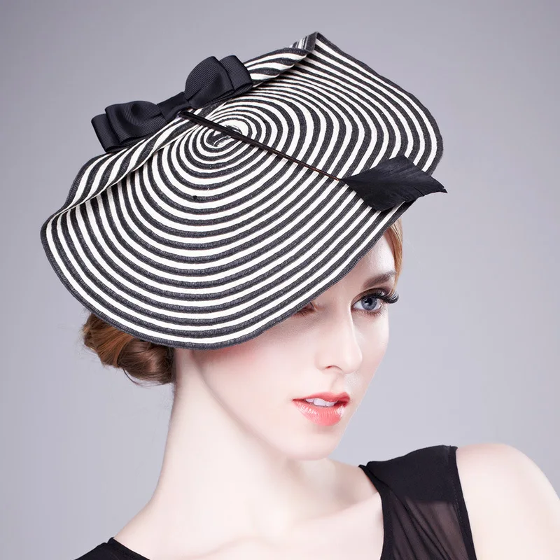 Elegant Women Formal Hat Fascinator For Weddings Evening hat With White Black Striped Bow Bridal Hats  Female Headwear B-1942