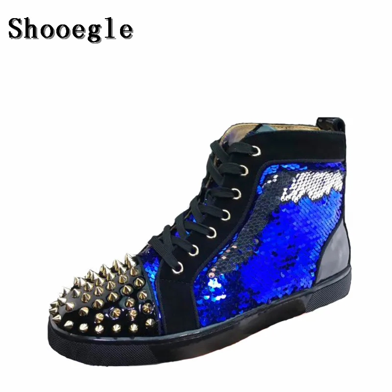 SHOOEGLE New Men Sequins Rivets Shoes Fashion Studs Mens Hightop Sneakers Espadrilles Lace-up Platform Flat Casual Shoes EU39-47