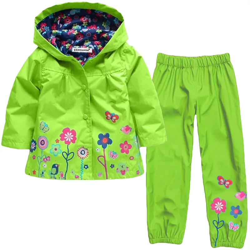 Spring Girls Clothing Set Flower Pattern Girls Clothes Waterproof Raincoat Hooded Coat + Pant 2Pcs Casual Suit Children Clothing