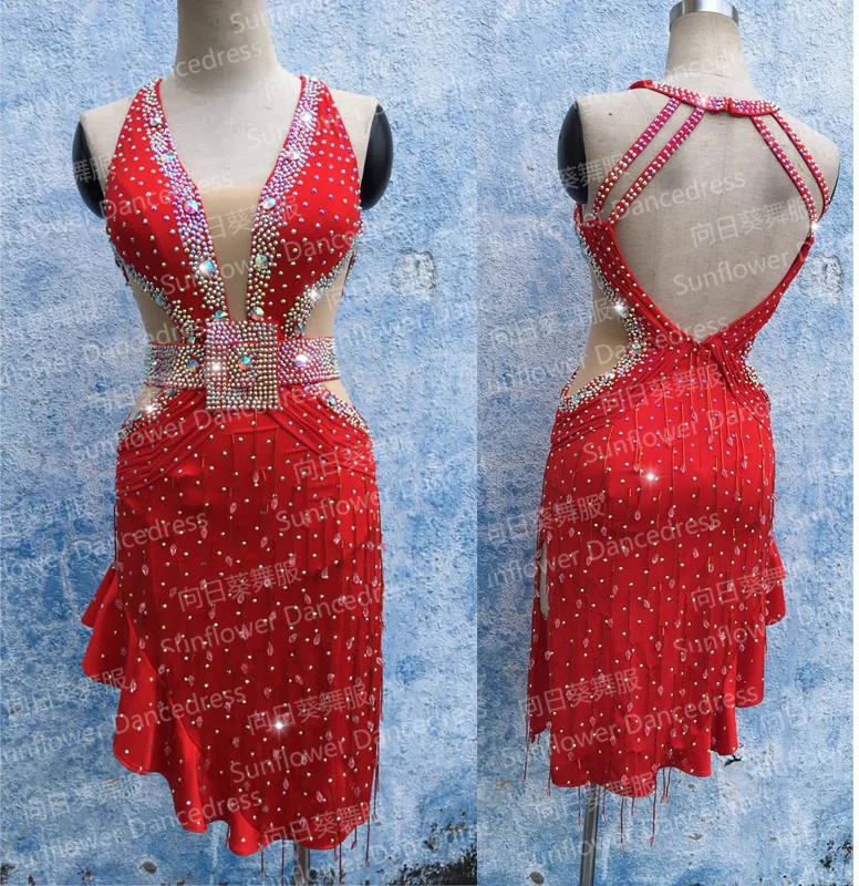 

Latin Dance Dress Girl Latin Dancewear rumba samba Clothing Salsa Dresses Stage Wear Halter latin performance dress,red