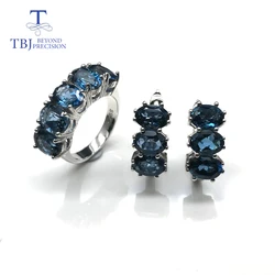 Natural london blue topaz gemstone jewelry set simple classic rings and earrings 925 sterling sliver for women gift