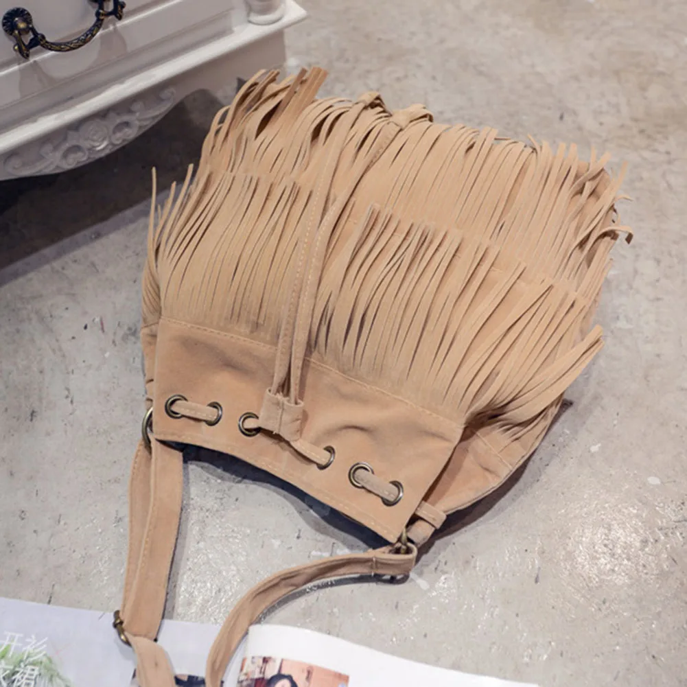 Torba kobiety 2020 torebka kobiety jednolity kolor Fringe frędzle sznurek Crossbody ramię Suede wiadro torby torby dla kobiet 2020