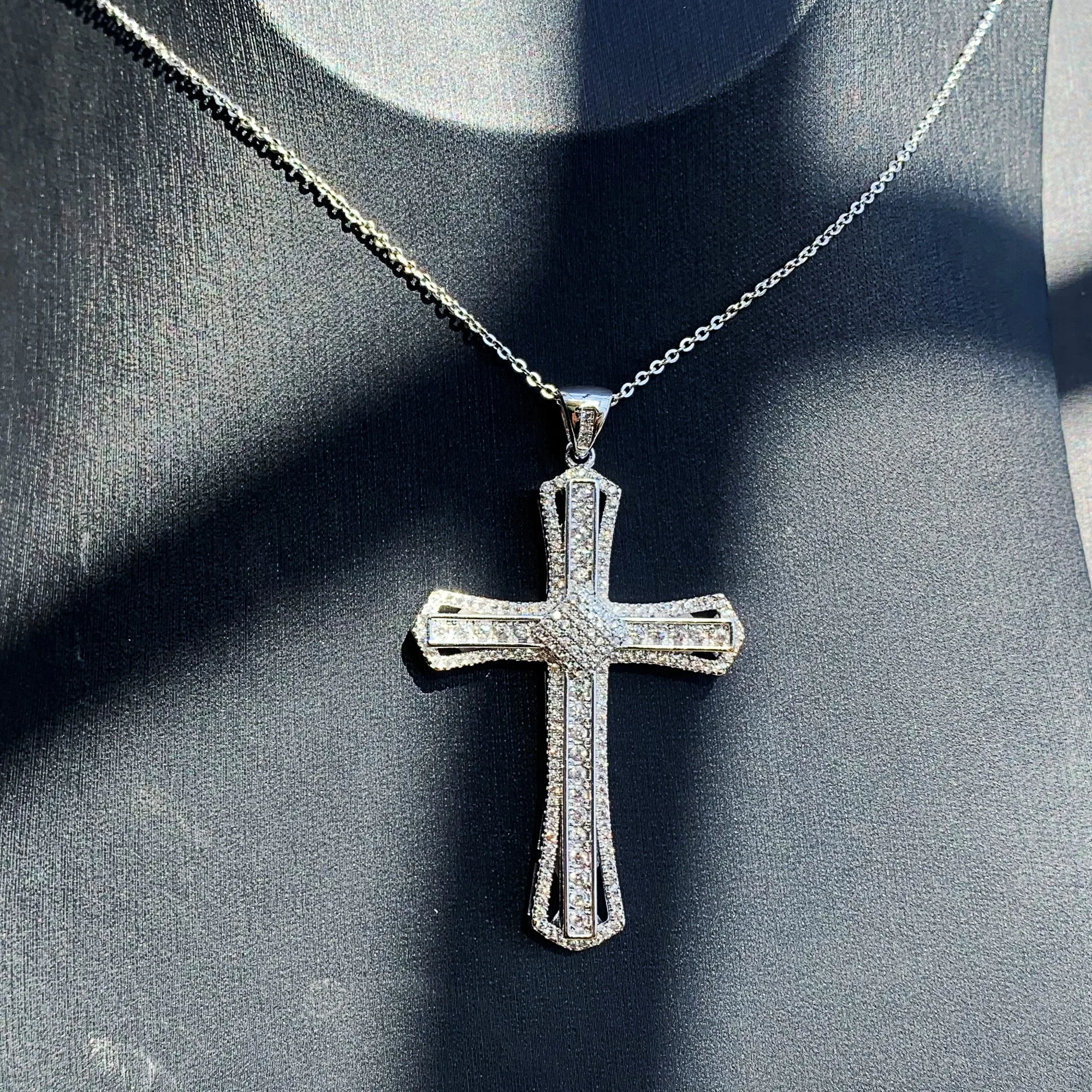 Classical Top Selling Handmade Fashion Jewelry 925 Sterling Silver Pave White Clear Cubic Zirconia Cross Pendant Chain Necklace