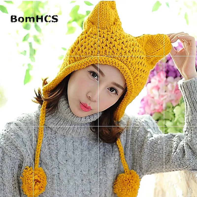 BomHCS Very Cute Fox Ears Cat Ear New Women Winter Hat 100% Handmade Knitted Beanie Ear Muff Hat Cap