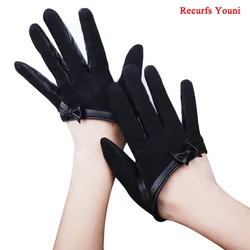 Winter Women 100% Suede Genuine Leather Half Palm Gloves Female Real Leather Bow-knot Black/Wine Red Fahion Show Flip Fur Luvas