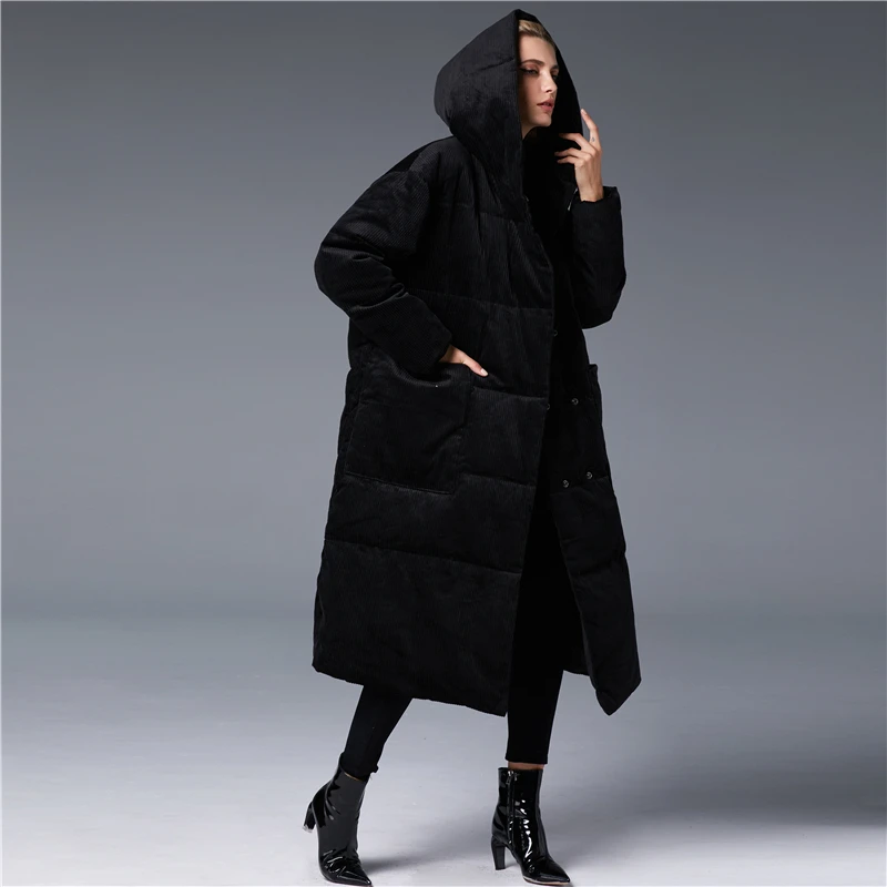 5XL fashion Winter velvet fabric over the knee longer real duck down coat female hooded double breasted warm down coat wq116