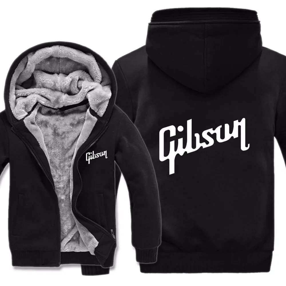 Winter Warm Guitar brand Gibson Logo Mens Zipper Hoodies Fleece Thicken Music Fans Fashion Jacket Sweatshirt Coat