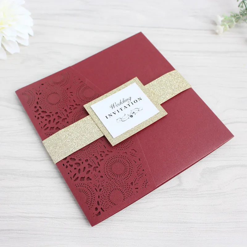 Burgundy flower laser cut wedding invitation with RSVP envelop glittery belly band tri-fold pocket invites free printing