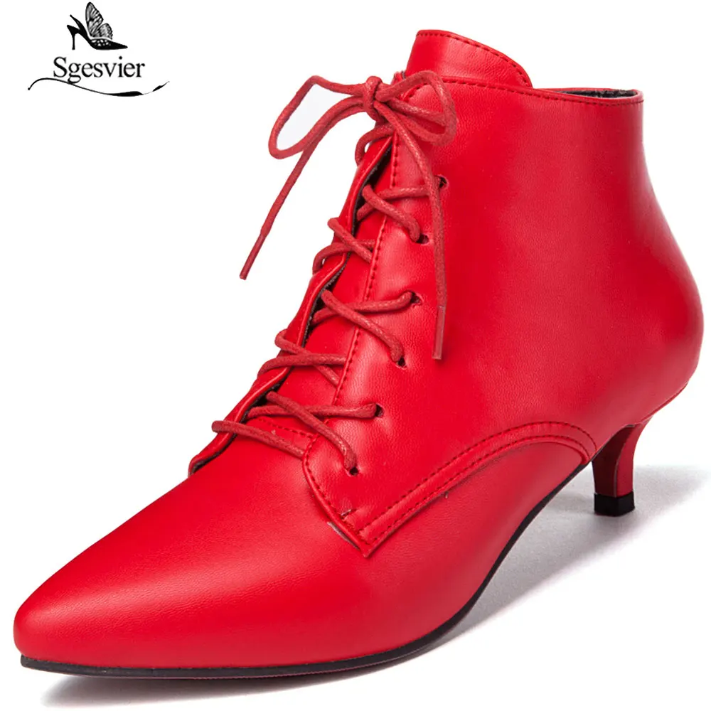 Sgesvier New Fashion women pointed toe lace-up med heel ankle boots lady solid thin heel short boots black red Size 33-46 B882