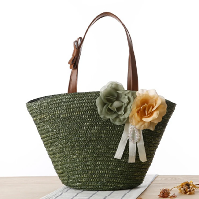 Japanese and Korean new pastoral two flowers braid women\'s solid color shoulder woven bag travel holiday beach bag