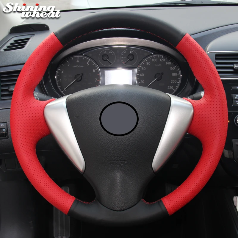 

Shining wheat Genuine Black Red Leather Car Steering Wheel Cover for Nissan Tiida Sylphy Sentra Versa Note 2014-2017