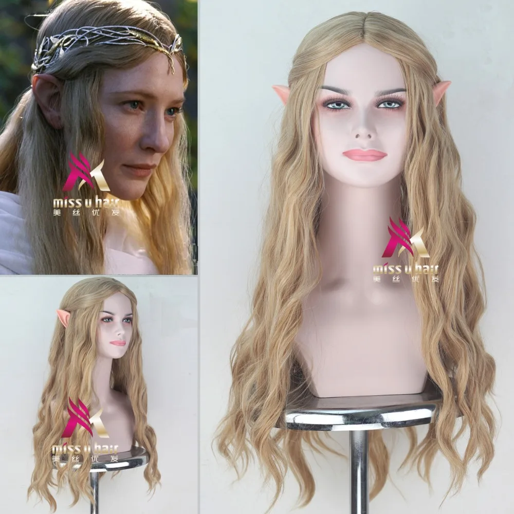 

Elf pointy ears+70cm The Hobbit Galadriel wig women role play long blonde wavy hair Elf queen Cate Blanchett fancy wig + wig cap