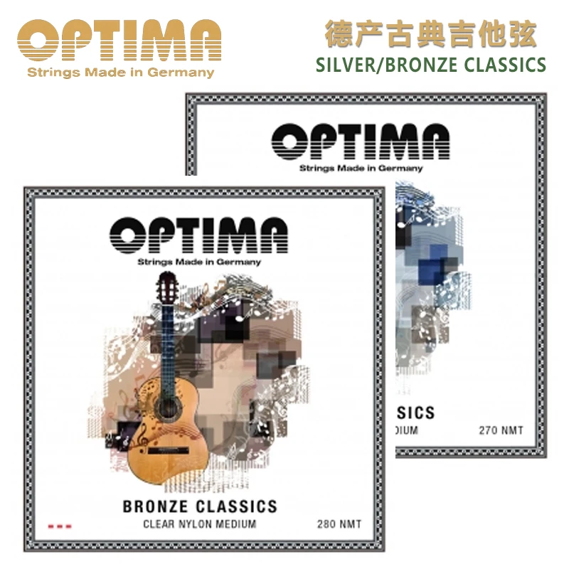 OPTIMA 270 280NMT Silver/Bronze Classics Clear Nylon Strings for Classical Guitar, Medium Tension