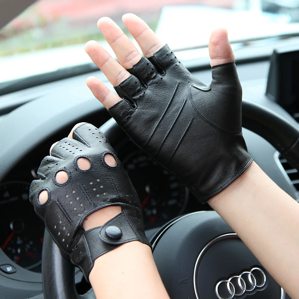 Genuine Leather Semi-Fingers Gloves Male Breathable Hole Thin Style Men Half-Finger Lambskin Gloves Imitation Deerskin M046P