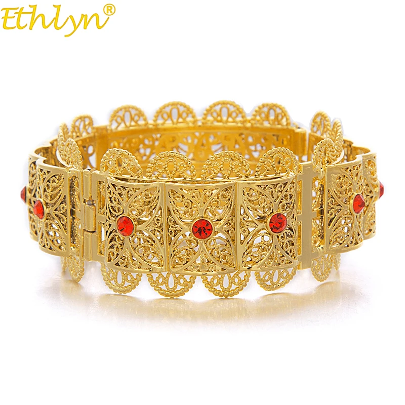 Ethlyn Jewelry Big Bangle for Women Gold Color Dubai Jewelry Ethiopian Bracelet Red/Blue/Green/White Arab Middle East Style B069