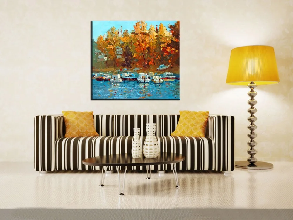 Handmade Modern Abstact Seascape Hand Painted Wall Art Boats on the Waterfront Landscape Palette Knife Oil Painting on Canvas