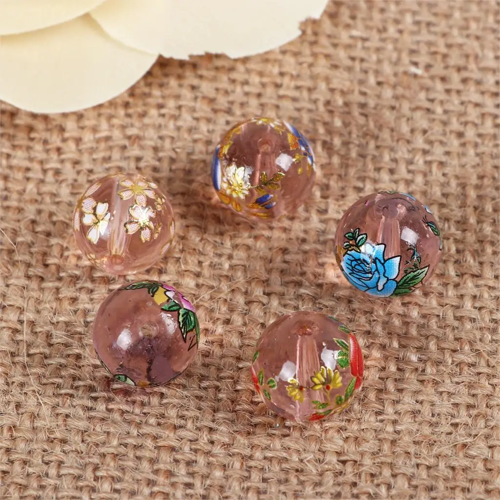 Glass Japan Painting Vintage Japanese Tensha Beads Round Coffee At Random Flower Pattern Transparent 12mm 5 PCs