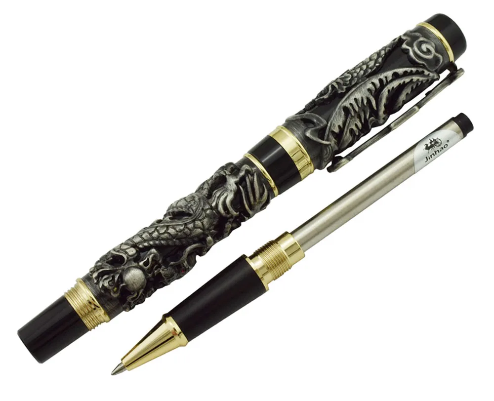 Jinhao Dragon Phoenix Vintage Luxurious Rollerball Pen, Metal Carving Embossing Heavy Pen, Noble Gray & Black for Office