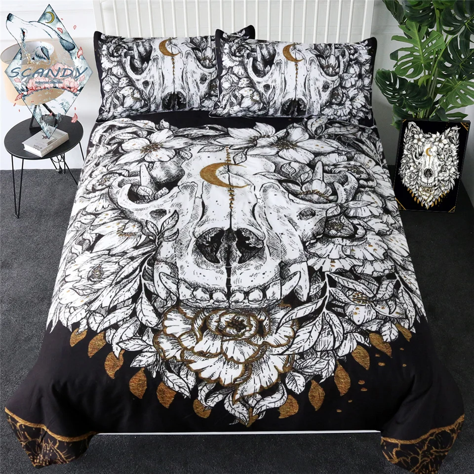 

Wolf Skull by Scandy Girl Bedding Set Floral Leaf Quilt Cover Animal Skeleton Gothic Bed Set Queen 3pcs Golden Luxury Bedspreads