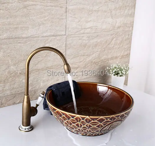 2015 Newly Retro Antique Brass Finished faucet Swivel Mixer Taps Deck Mounted with porcelain  torneira banheiro AF1074