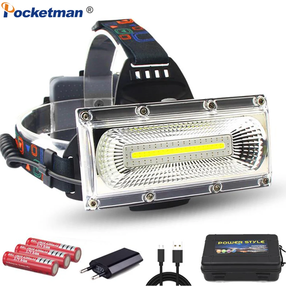 New Powerful COB LED Headlight USB Rechargeable Headlamp Waterproof Head Torch Powerful Head Light Head Lamp with 18650 Battery