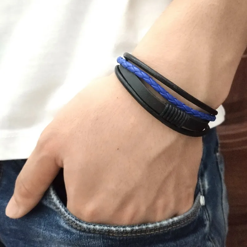 Men Bracelet Punk Black/Brown/Blue/Lake Blue Braided Leather Bracelet Bangle Male Accessories Jewelry Black Leather Bracelets