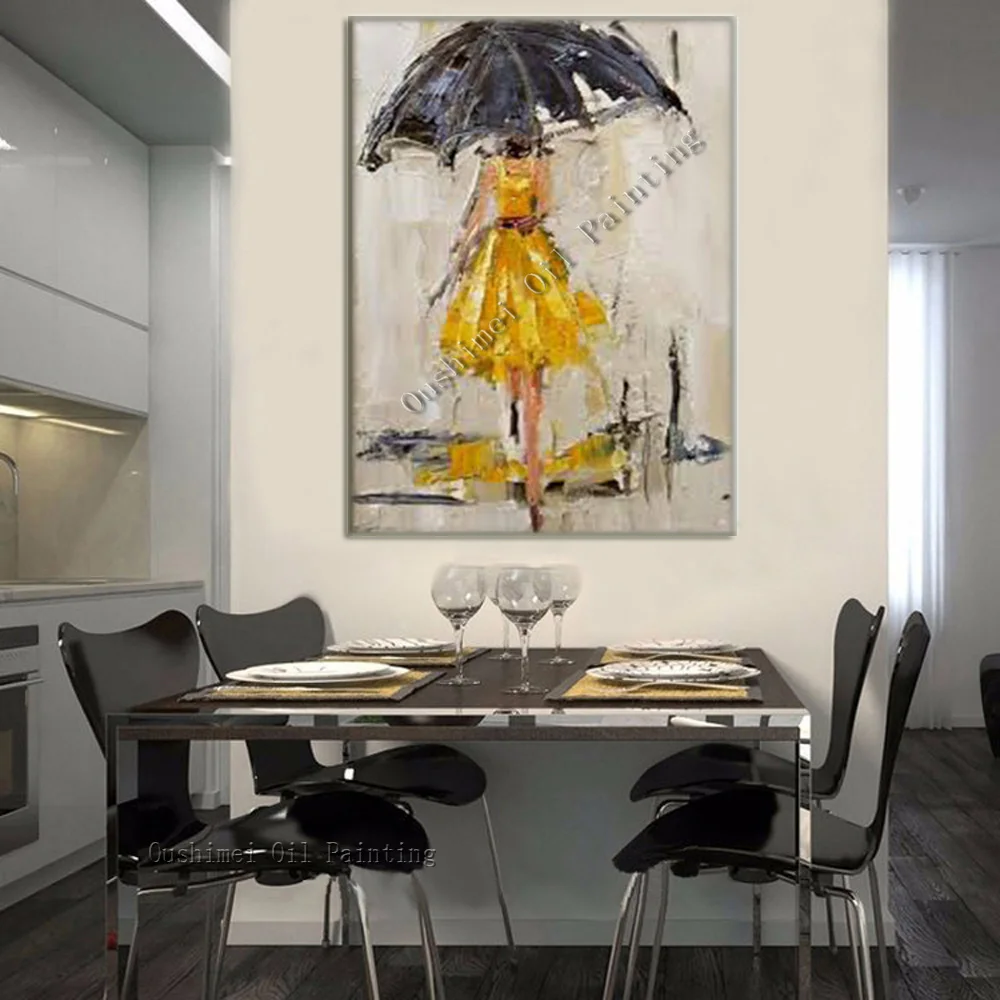 Hand Painted Walking In The Rain Landscape Paintings On Canvas Oil Painting Umbrella Figure Picture For Living Room Wall Decor image 3