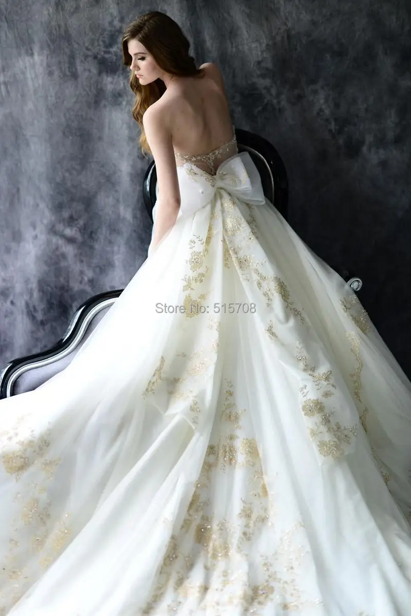 Robe de mariée de luxe transparente, Corset dos en Tulle et dentelle dorée brodée, sur mesure, robe de mariée de forme trapèze et de chapelle avec traîne