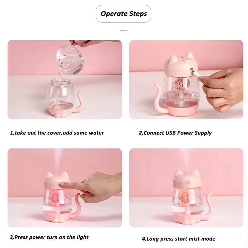 350ML Luftbefeuchter mit Licht Ultraschall Entzückende Katze Mini USB Humidificador Stille Farbe Licht 3 In 1 Aroma Diffusor für Auto